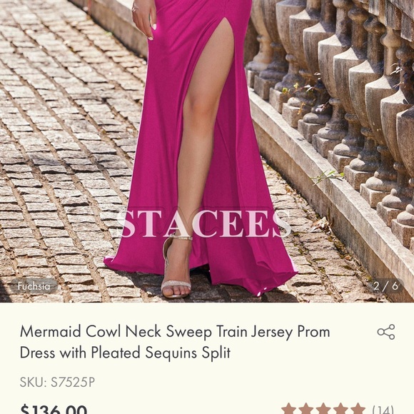 NWT Mermaid Cowl Neck Sweep Train Jersey Prom Dress with Pleated Sequins Split - Picture 8 of 16